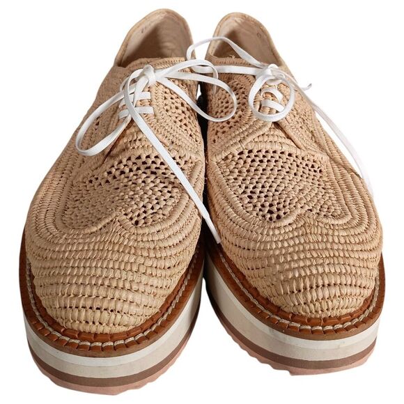 Robert Clergerie Shoes 10.5 Womens Beige Lisa Raffia Oxford Wedge Almond Toe Low - Picture 6 of 9